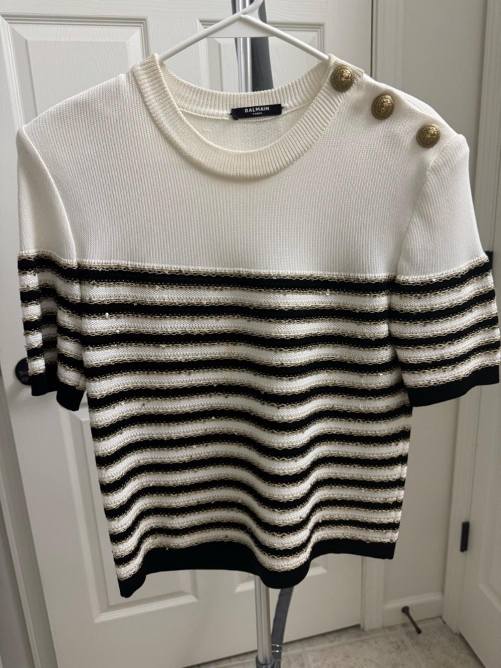 Balmain Black and White Striped Short-Sleeve Crew Sweater in FR38